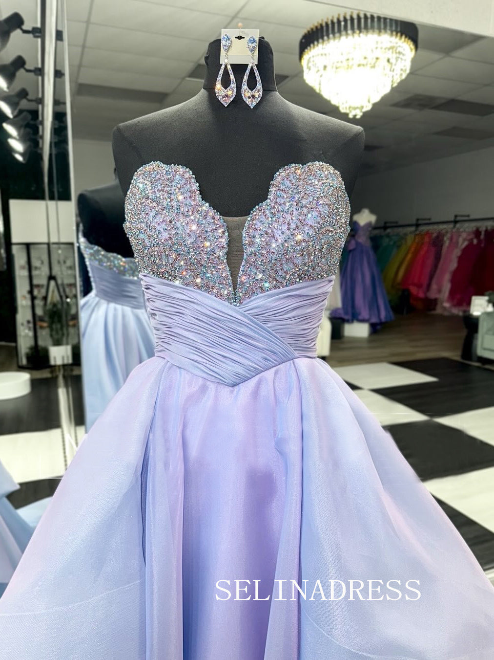 A-line Strapless Lilac Long Prom Dress Beaded Evening Dresses SED0035|Selinadress