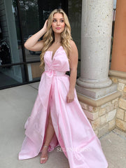 A-line Strapless Pink Long Prom Dresses With Slit and Bow Tie sew1012|Selinadress