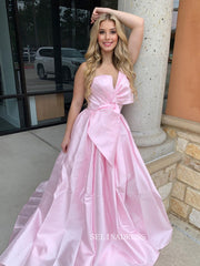 A-line Strapless Pink Long Prom Dresses With Slit and Bow Tie sew1012|Selinadress