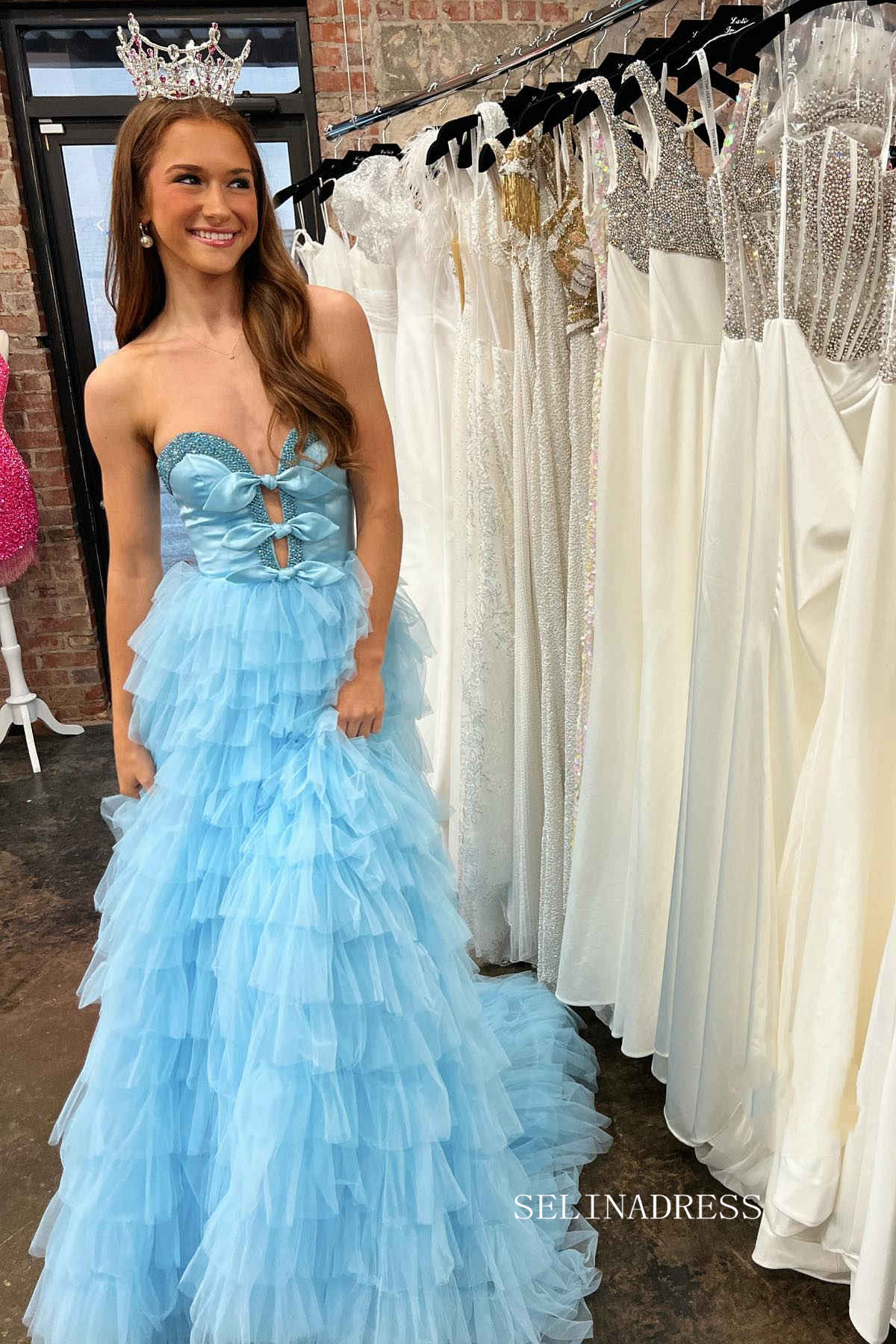 A-line Sweetheart Light Sky Blue Prom Dresses Tulle Layered Long Evening Dress lpk515|Selinadress