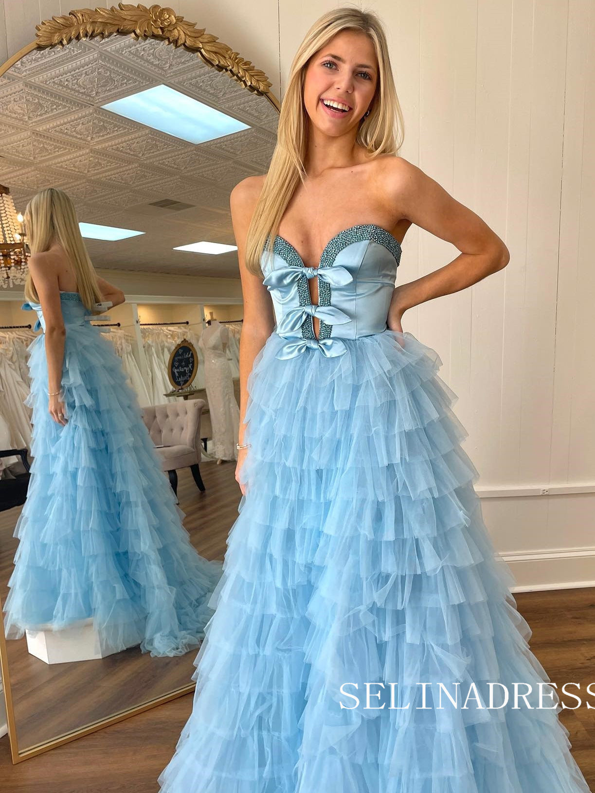 A-line Sweetheart Light Sky Blue Prom Dresses Tulle Layered Long Evening Dress lpk515|Selinadress