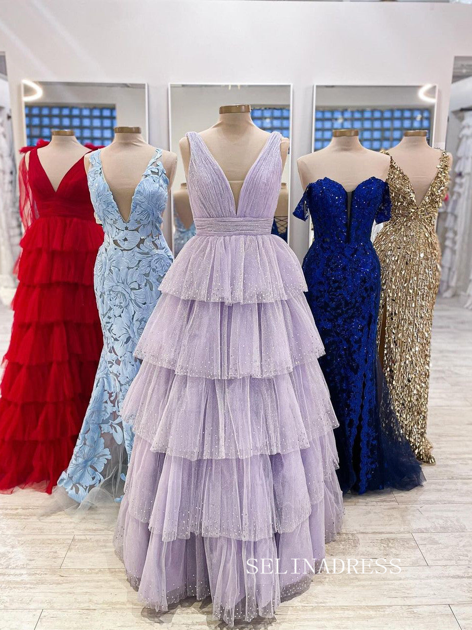 A-line V neck Lilac Ruffles Sparkly Rhinestone Long Prom Dresses lpk900|Selinadress