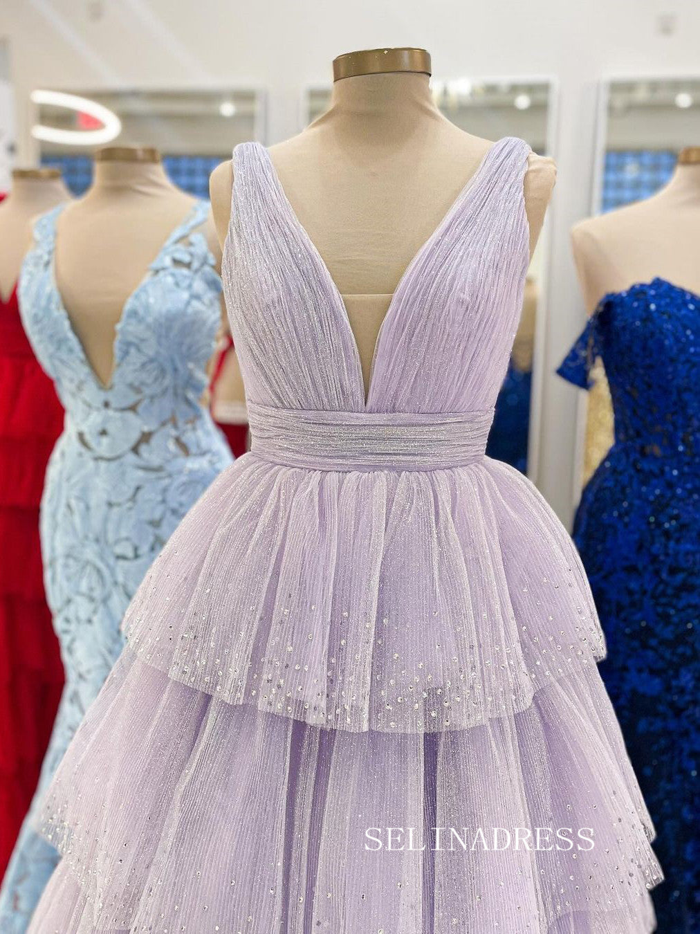 A-line V neck Lilac Ruffles Sparkly Rhinestone Long Prom Dresses lpk900|Selinadress