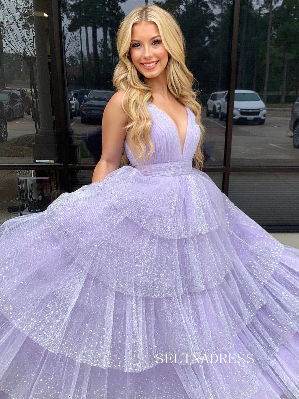 A-line V neck Lilac Ruffles Sparkly Rhinestone Long Prom Dresses lpk900|Selinadress