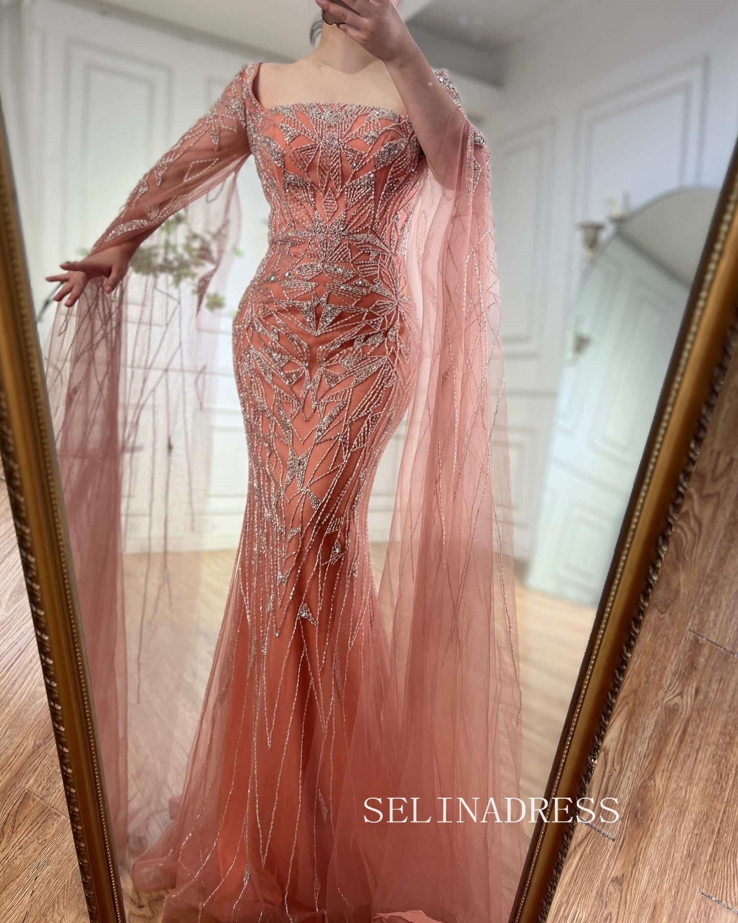 Mermaid Dubai Evening Dresses Cape Sleeves Beaded Luxury Wedding Party Gowns For Women ALI001|Selinadress