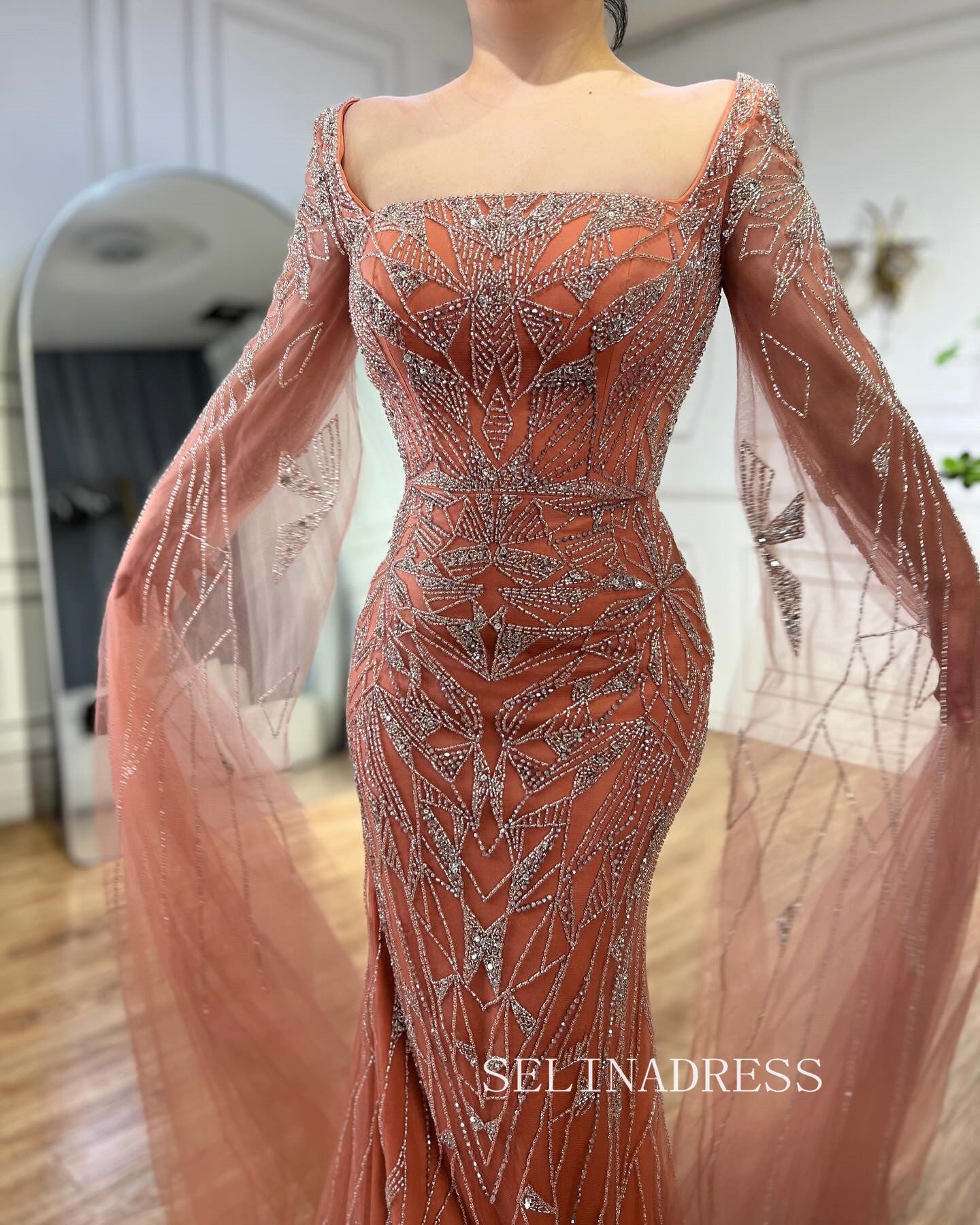 Mermaid Dubai Evening Dresses Cape Sleeves Beaded Luxury Wedding Party Gowns For Women ALI001|Selinadress