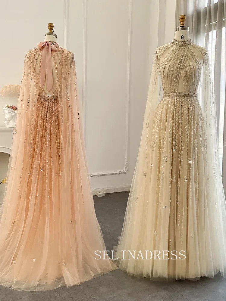 Luxury Dubai Evening Dresses Long Sleeves Beaded Wedding Party Gowns For Women ALI003