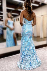 Chic Mermaid Spaghetti Straps Light Sky Blue Long Prom Dress Evening Dress JKL3012