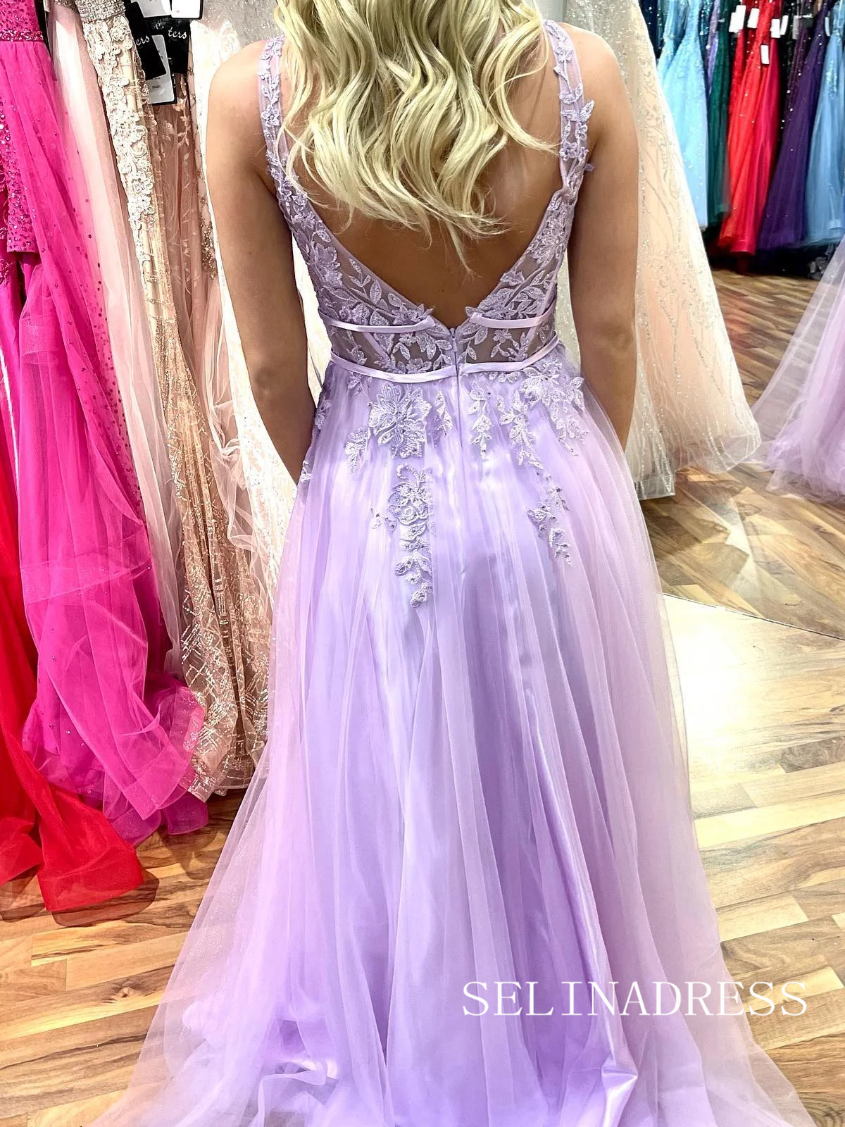 Charming A Line V neck Lavender Tulle Lace Prom Dress lpk535|Selinadress