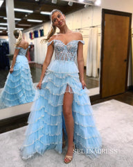 Charming Off-the-shoulder Blue Lace Tulle Layered Long Prom Dress with Slit lpk555|Selinadess