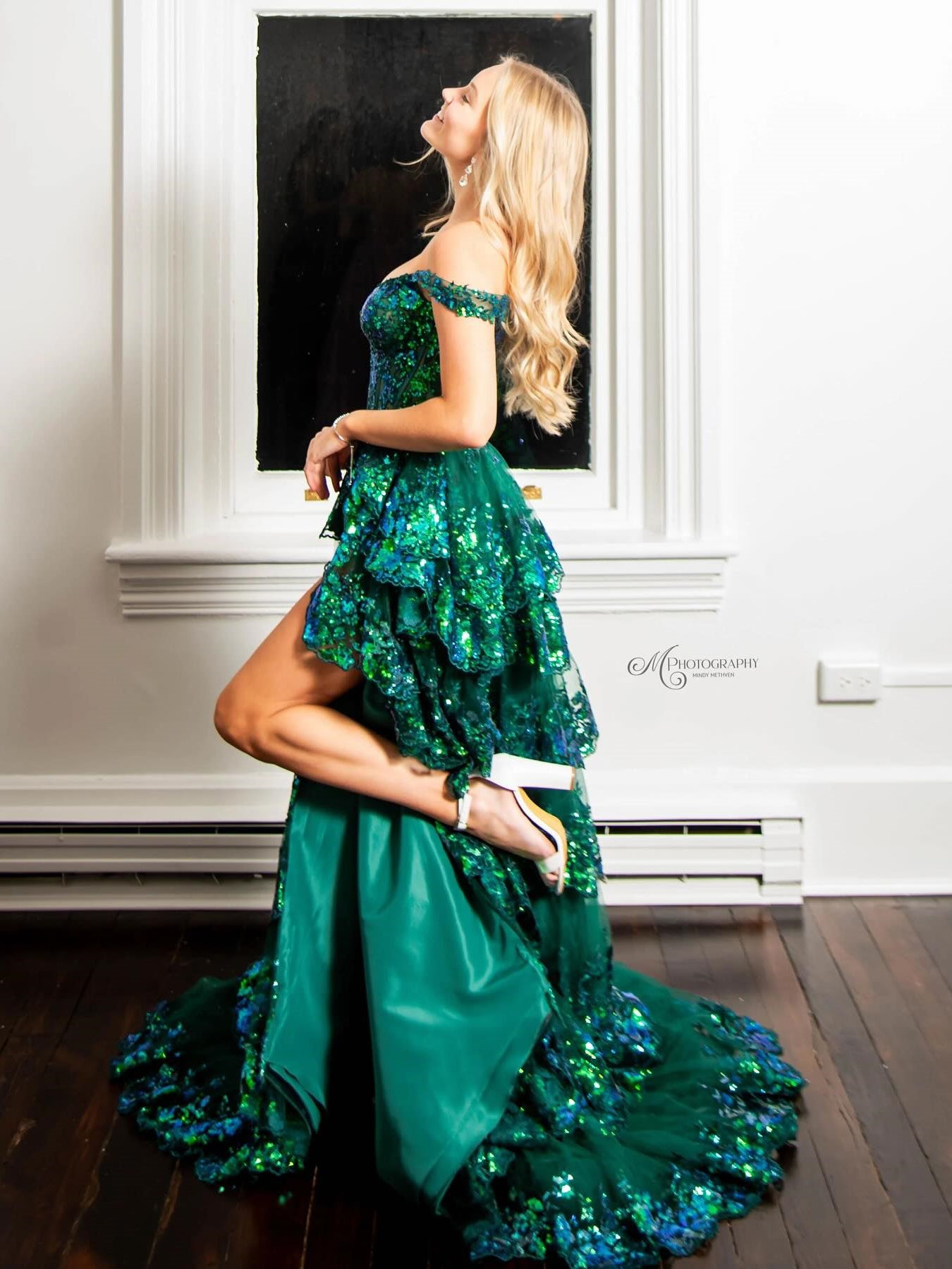 Chic A-line Gorgeous Layered Long Prom Dress Green Sequins Evening Gowns LPK200|Selinadress