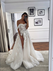 Chic A-line Off-the-shoulder 3D Floral Appliaue Wedding Dress Rustic Bridal Gowns LPK174|Selinadress