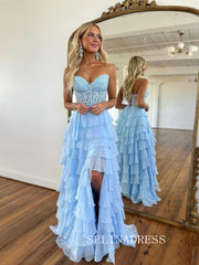 Chic A-line Strapless Light Sky Blue Long Prom Dresses Frill Layered Gown Evening Dresses sew0321|Selinadress