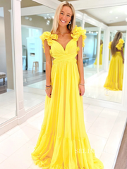 Chic A-line Straps Yellow Long Prom Dress Chiffon Elegant Party Dress #LOP801|Selinadress