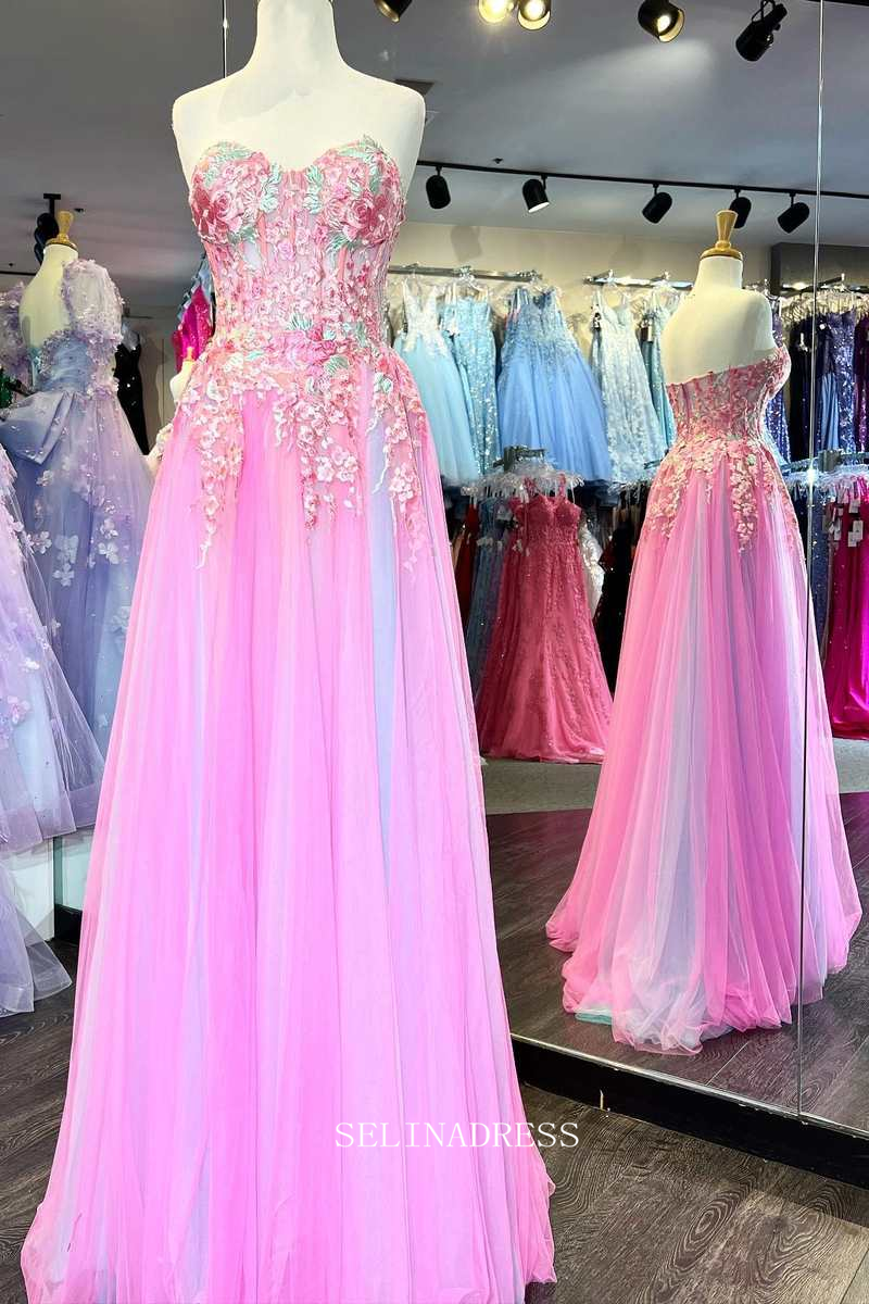 Chic A-line Sweetheart Applique Lace Long Prom Dress Hot Pink Beautiful Evening Dress #OPW004|Selinadress