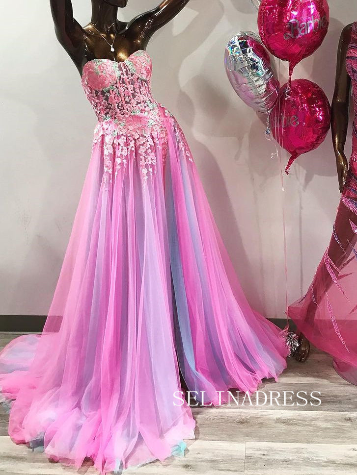 Chic A-line Sweetheart Applique Lace Long Prom Dress Hot Pink Beautiful Evening Dress #OPW004|Selinadress