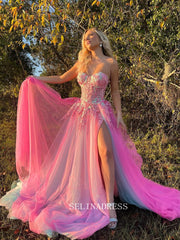 Chic A-line Sweetheart Applique Lace Long Prom Dress Hot Pink Beautiful Evening Dress #OPW004|Selinadress