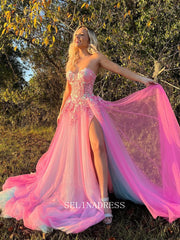 Chic A-line Sweetheart Applique Lace Long Prom Dress Hot Pink Beautiful Evening Dress #OPW004|Selinadress