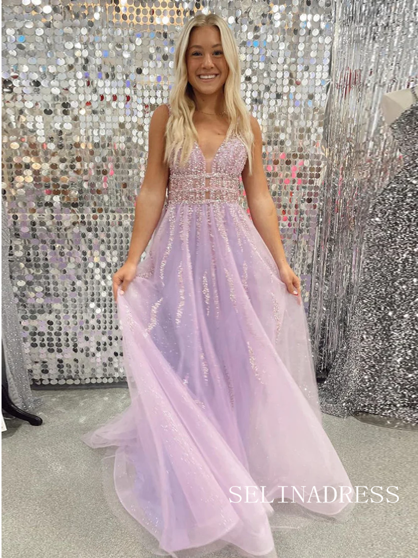 Chic A-line V neck Lavender Sheer Beaded Sparkly Tulle Prom Dresses lpk526|Selinadress