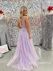 Chic A-line V neck Lavender Sheer Beaded Sparkly Tulle Prom Dresses lpk526|Selinadress