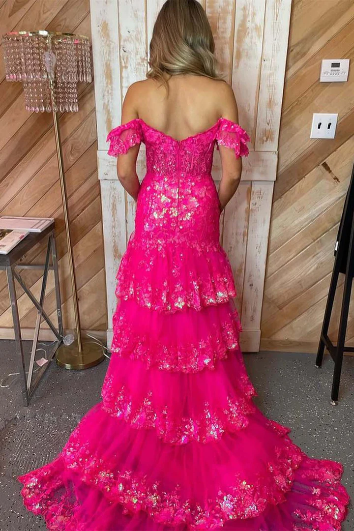 Chic Elegant Fuchsia Long Prom Dresses Gorgeous Frill Layered Gown Sequins Evening Dress lpk138|Selinadress