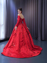 Chic Gorgeous Red Ball Gown Formal Gown Long Sleeve Prom Dress Elegant Evening Dress #RSM231061|Selinadress