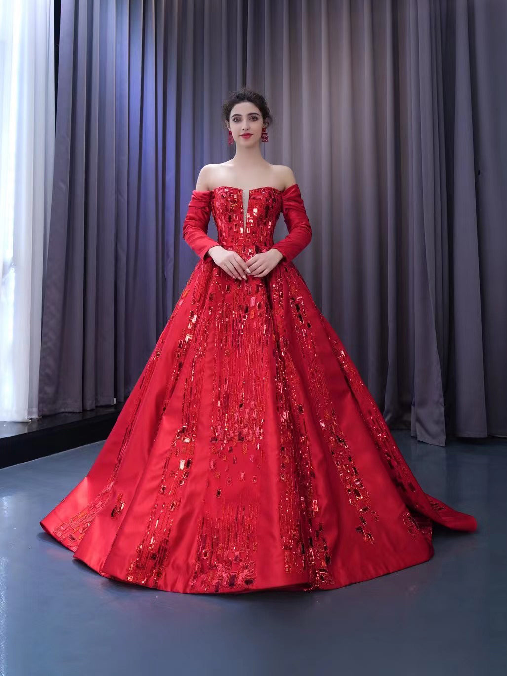 Chic Gorgeous Red Ball Gown Formal Gown Long Sleeve Prom Dress Elegant Evening Dress #RSM231061|Selinadress