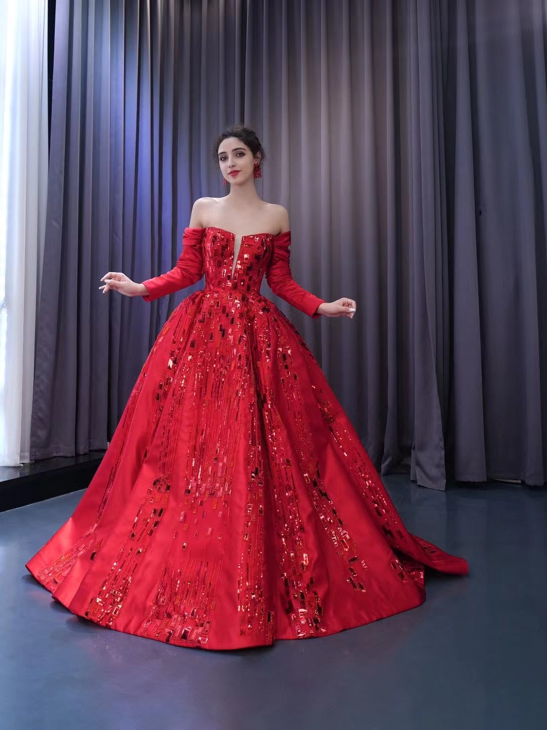 Chic Gorgeous Red Ball Gown Formal Gown Long Sleeve Prom Dress Elegant Evening Dress RSM231061