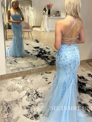 Chic Mermaid Spaghetti Straps Light Sky Blue Prom Dresses Lace Evening Dress lpk524|Selinadress