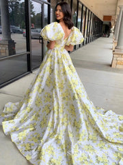 Chic Yellow Floral Long  Prom Dresses With Slit Puff Sleeve Evening Dress sew1005|Selinadress