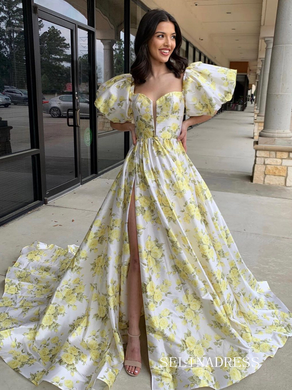 Chic Yellow Floral Long  Prom Dresses With Slit Puff Sleeve Evening Dress sew1005|Selinadress