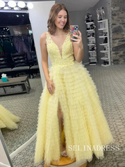 Cute A-line V neck Daffodil Tulle Long Prom Dresses With Silt lpk529|Selinadress