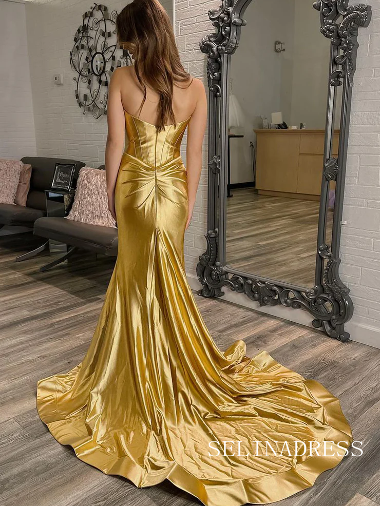 Cute Mermaid Sweetheart Gold Sequins Long Prom Dress with Slit lpk530|Selinadress