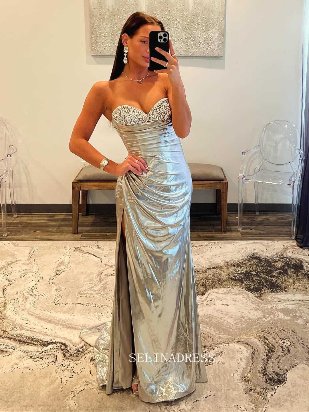 Cute Mermaid Sweetheart Silver Sparkly Long Prom Dress with Slit lpk510|Selinadress