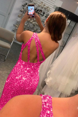 Glitters One Shoulder Hot Pink Sequins Mermaid Prom Dress EWQ002|Selinadress