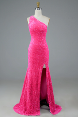 Glitters One Shoulder Hot Pink Sequins Mermaid Prom Dress EWQ002|Selinadress