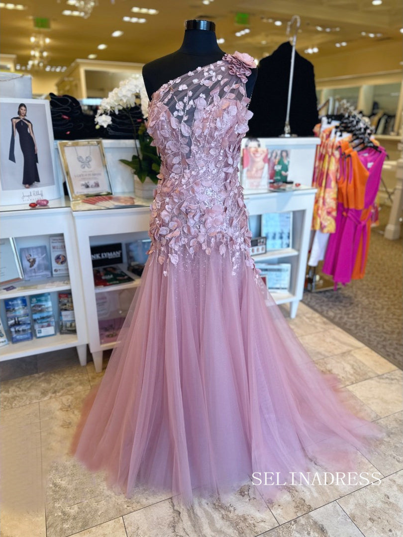 Elegant One Shoulder Applique Pink Tulle Mermaid Long Prom Dress lps013|Selinadress