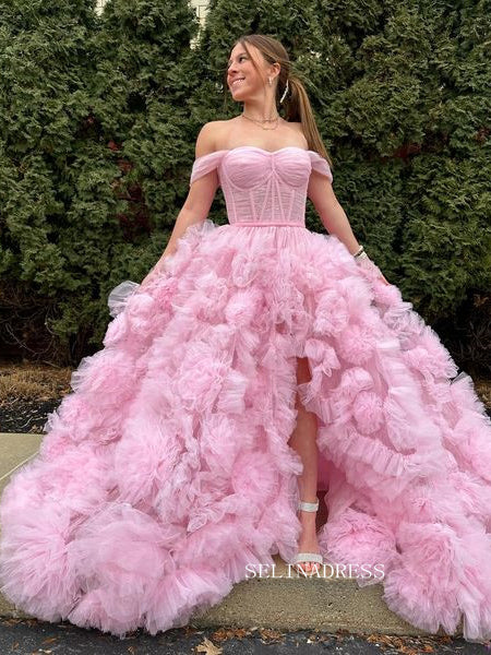 Gorgeous Off-the-shoulder Pink Frill Layered Gown Long Prom Dress sea080|Selinadress