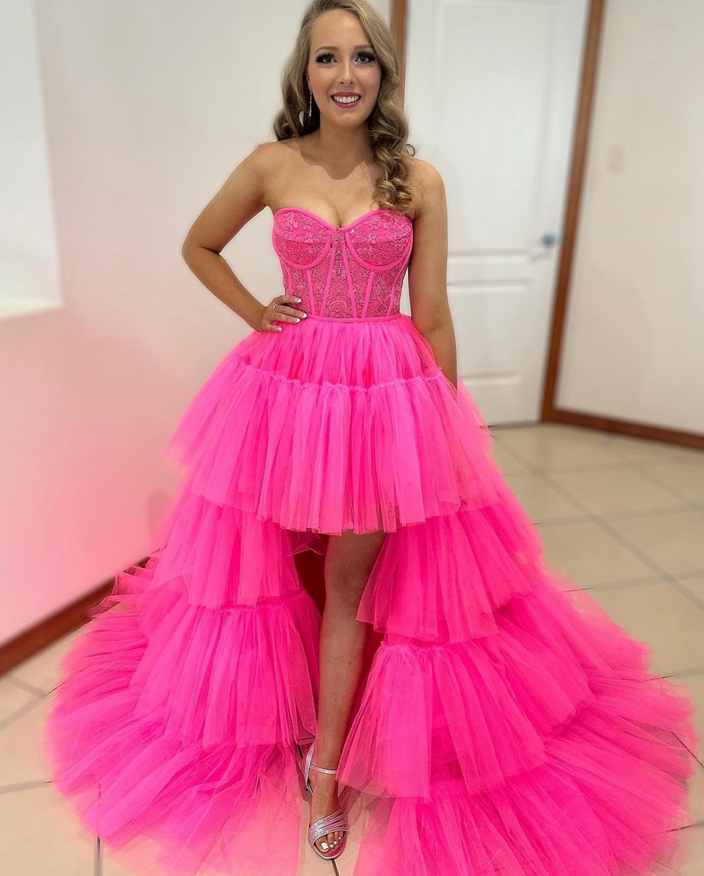 Gorgeous Sweetheart Hot Pink Lace Long Prom Dresses High Low Layered Formal Dresses JKW124|Selinadress