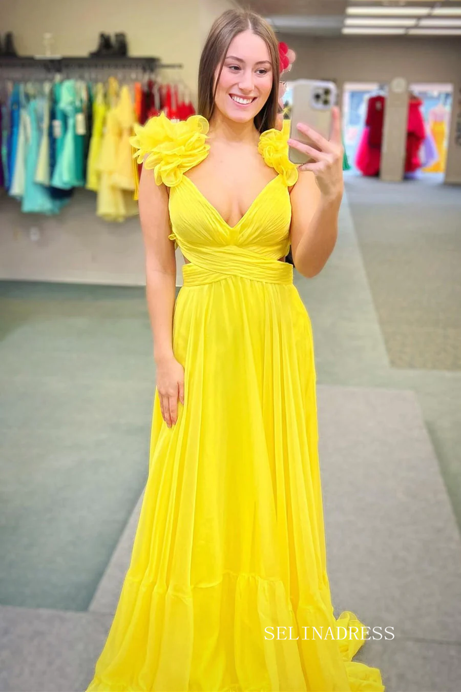 Chic A-line Straps Yellow Long Prom Dress Chiffon Elegant Party Dress #LOP801|Selinadress