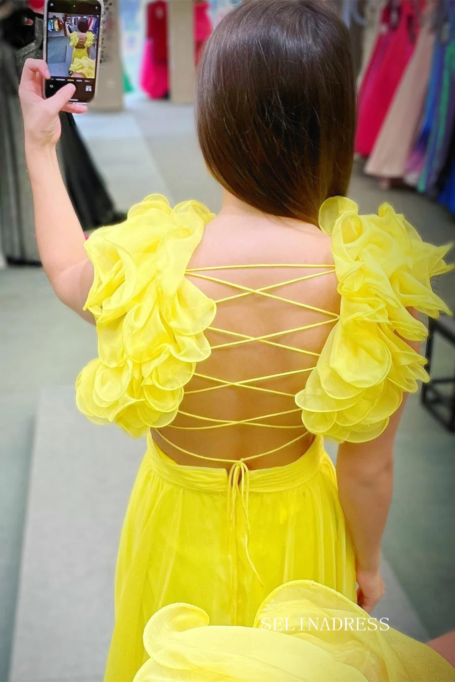 Chic A-line Straps Yellow Long Prom Dress Chiffon Elegant Party Dress #LOP801|Selinadress