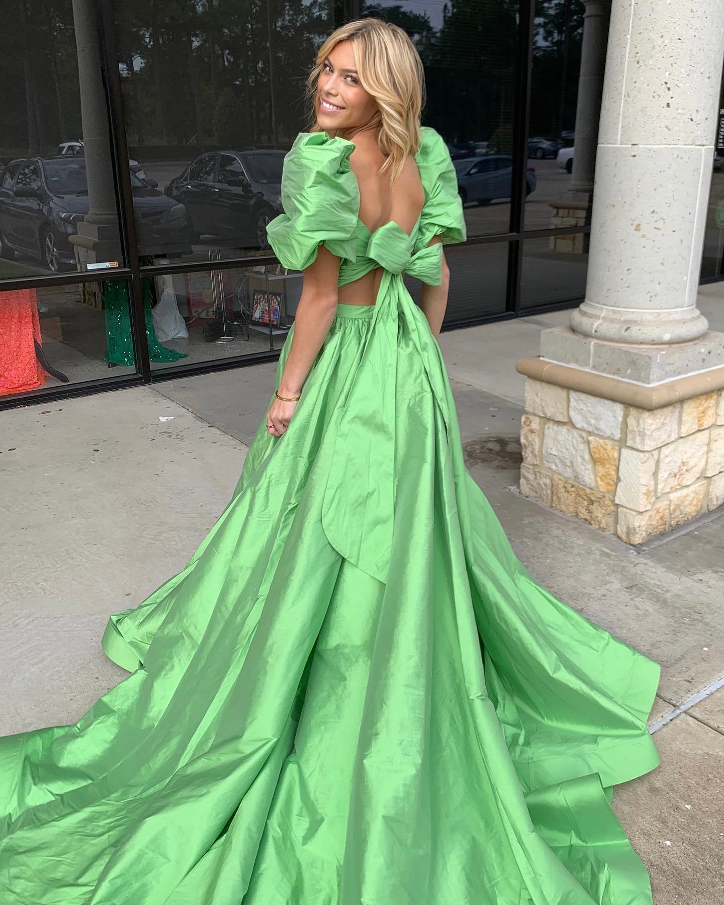 Chic Two Pieces Green Long Prom Dresses Elegant Puff Sleeve Cheap Evening Dress lpk123|Selinadress