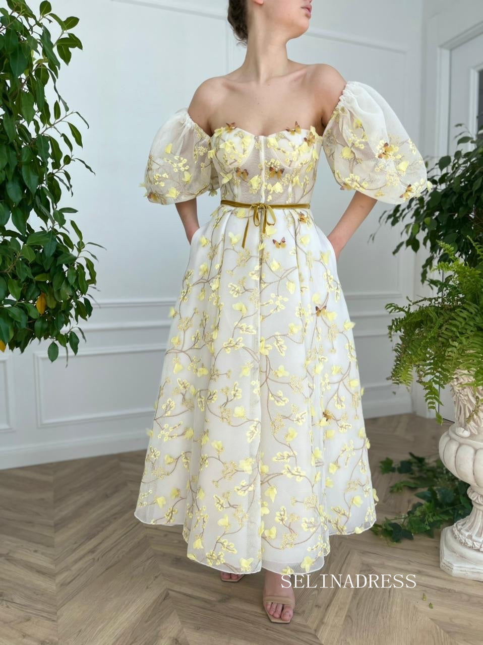 Yellow Midi Dress With Embroidery Floral Prom Dresses 2023 Beautiful Evening Gowns #LPO005|Selinadress