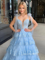 Light Sky Blue Tulle Appliques Straps Ruffle Tiered Long Prom Dress lpk911|Selinadress