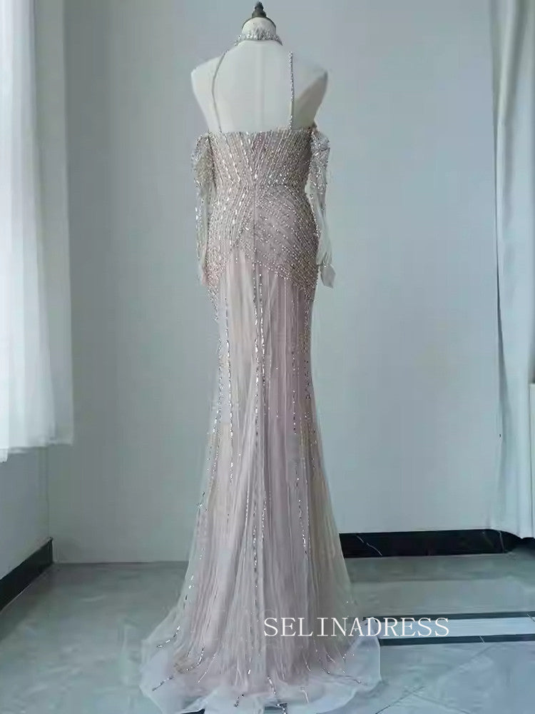 Luxurious High Neck Arabic Long Sleeves Beaded Long Formal Evening Dress ALI0016|Selinadress