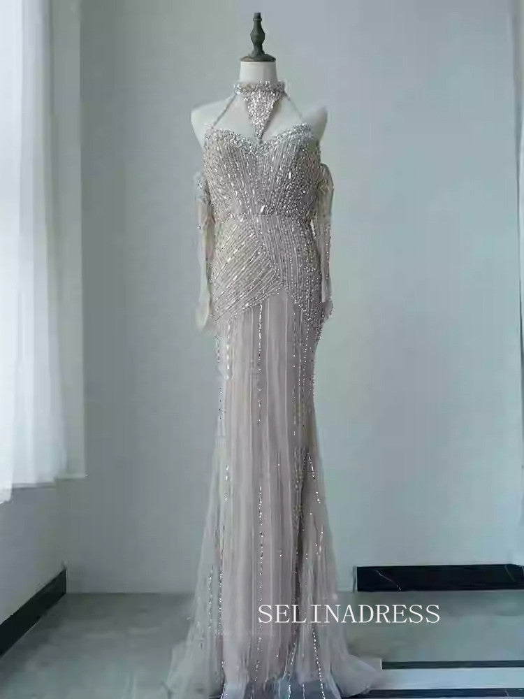 Luxurious High Neck Arabic Long Sleeves Beaded Long Formal Evening Dress ALI0016|Selinadress