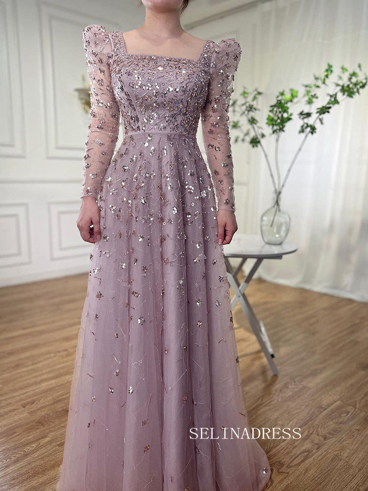 Luxury Square Long Sleeve Prom Dress Beaded Long Evening Gowns A71762A|Selinadress