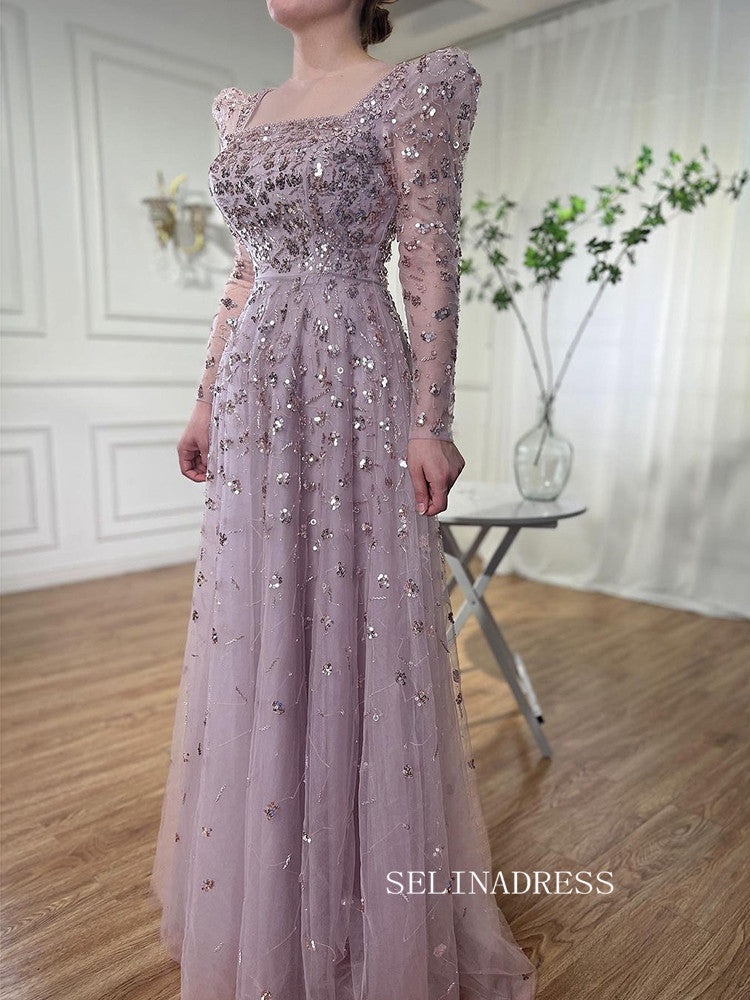 Luxury Square Long Sleeve Prom Dress Beaded Long Evening Gowns A71762A|Selinadress