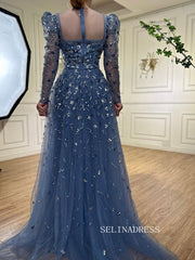 Luxury Square Long Sleeve Prom Dress Beaded Long Evening Gowns A71762A|Selinadress