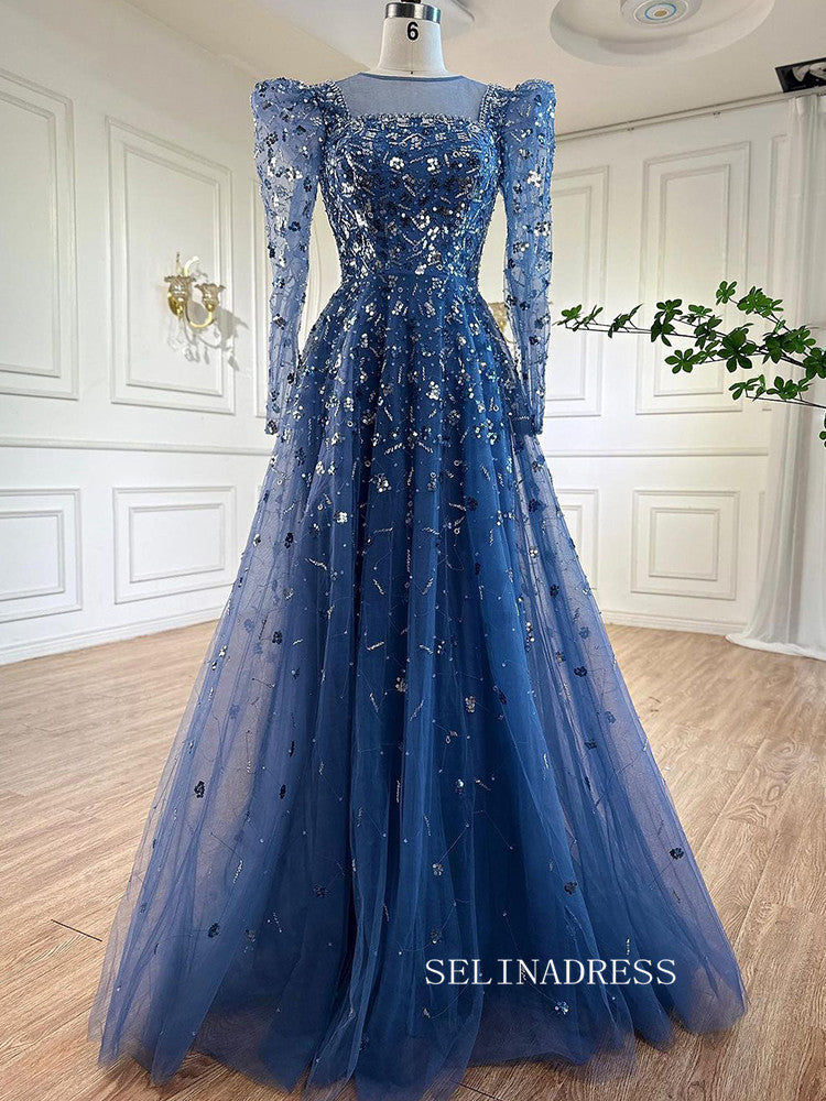 Luxury Square Long Sleeve Prom Dress Beaded Long Evening Gowns A71762A|Selinadress